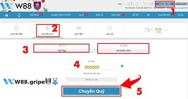 Thao tác chuyển quỹ về tài khoản chính W88